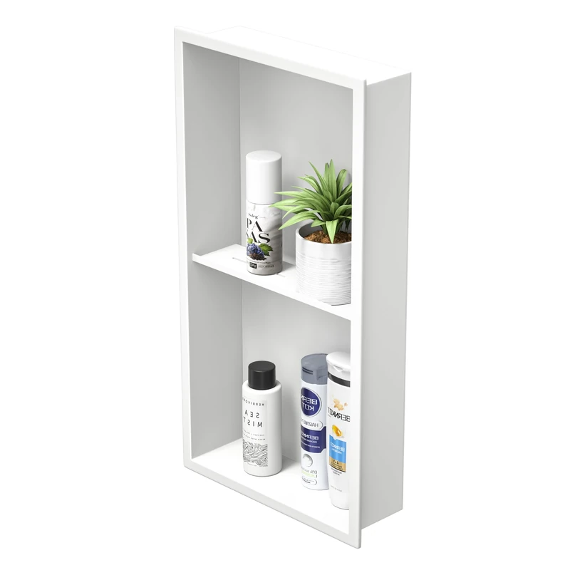 Bernkot Stainless Steel Shower Niche 24" X 12" White No Tile Needed Wall Niche Double Shelves Recessed Shower Shelf for Bathroom Storage