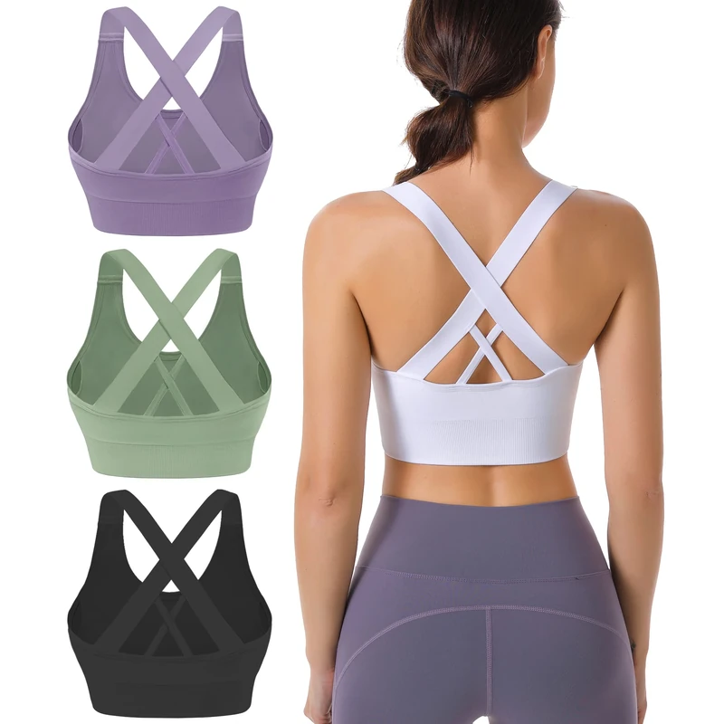 Evercute Sports Bra for Women Padded Medium Support Criss Cross Strappy Bras Seamless High Impact Yoga Exercise Athletic Bras, Black White Purple Green 4 Pack, L
