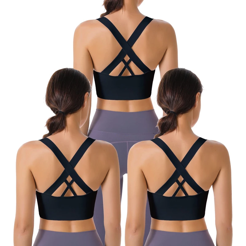 Evercute Sports Bra for Women Padded Medium Support Criss Cross Strappy Bras Seamless High Impact Yoga Exercise Athletic Bras, Black, XL 3 Pack - Image 1