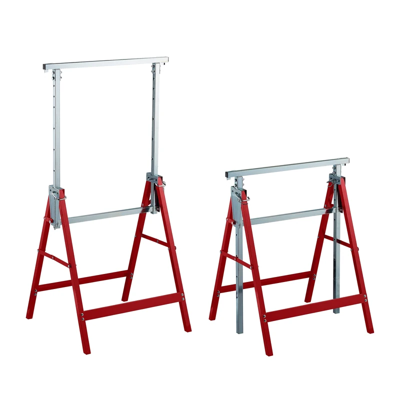 Relaxdays Set of 2 Sawhorses, 7 Height Settings, Max. 200 kg, 130 x 58 x 58 cm, Multipurpose Trestles, Steel, Red/Silver