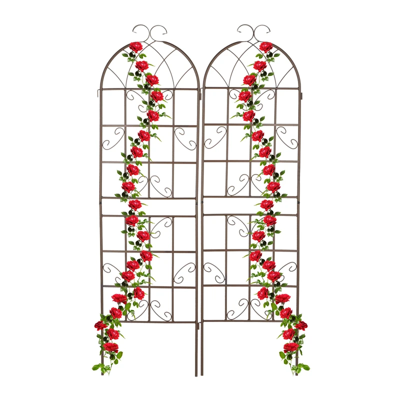 Relaxdays Garden Trellis, Set of 2, 179 x 52 cm, Metal, Support for Climbing Plants, Free-Standing, Rose Frame, Brown, Iron