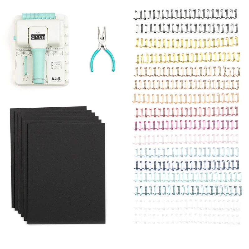 We R Makers Mini Cinch Binding Machine - Bookbinding Kit incl. 16 Binding Spines, 6 Book Covers of 7.9 x 11" and Pliers - for Books, Planners & Journals up to 12"