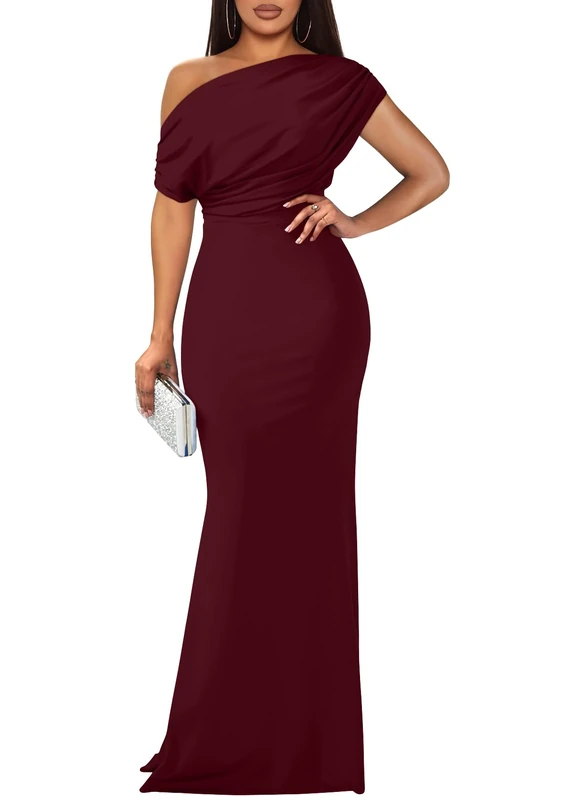 YMDUCH Women's Elegant Sleeveless Off Shoulder Bodycon Long Formal Party Evening Dress, WineRed, S