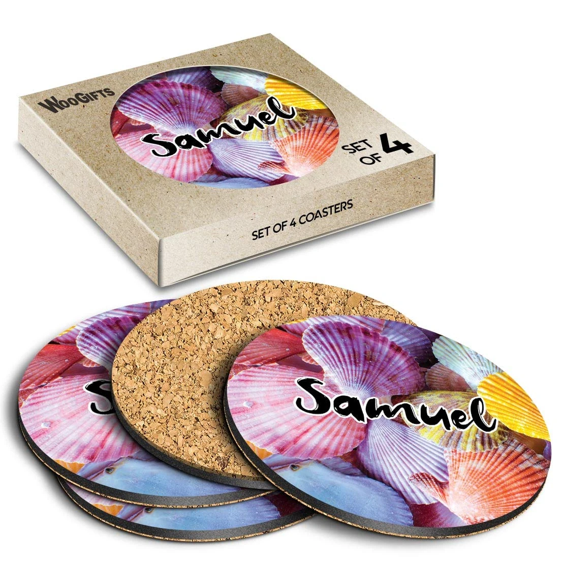 4 x Boxed Round Coasters - Name Samuel Sea Shells Letter Lettering Initial Cork Backed MDF Glossy Tea Coffee Accessory #265233