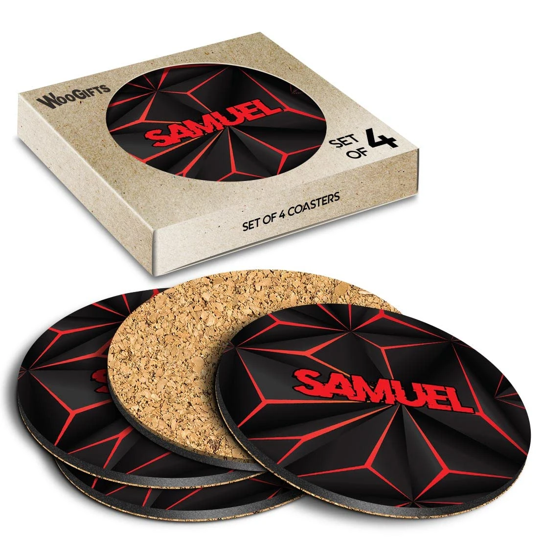 4 x Boxed Round Coasters - Name Samuel Gamer Black Red Video Game Letter Lettering Initial Cork Backed MDF Glossy Tea Coffee Accessory #273600