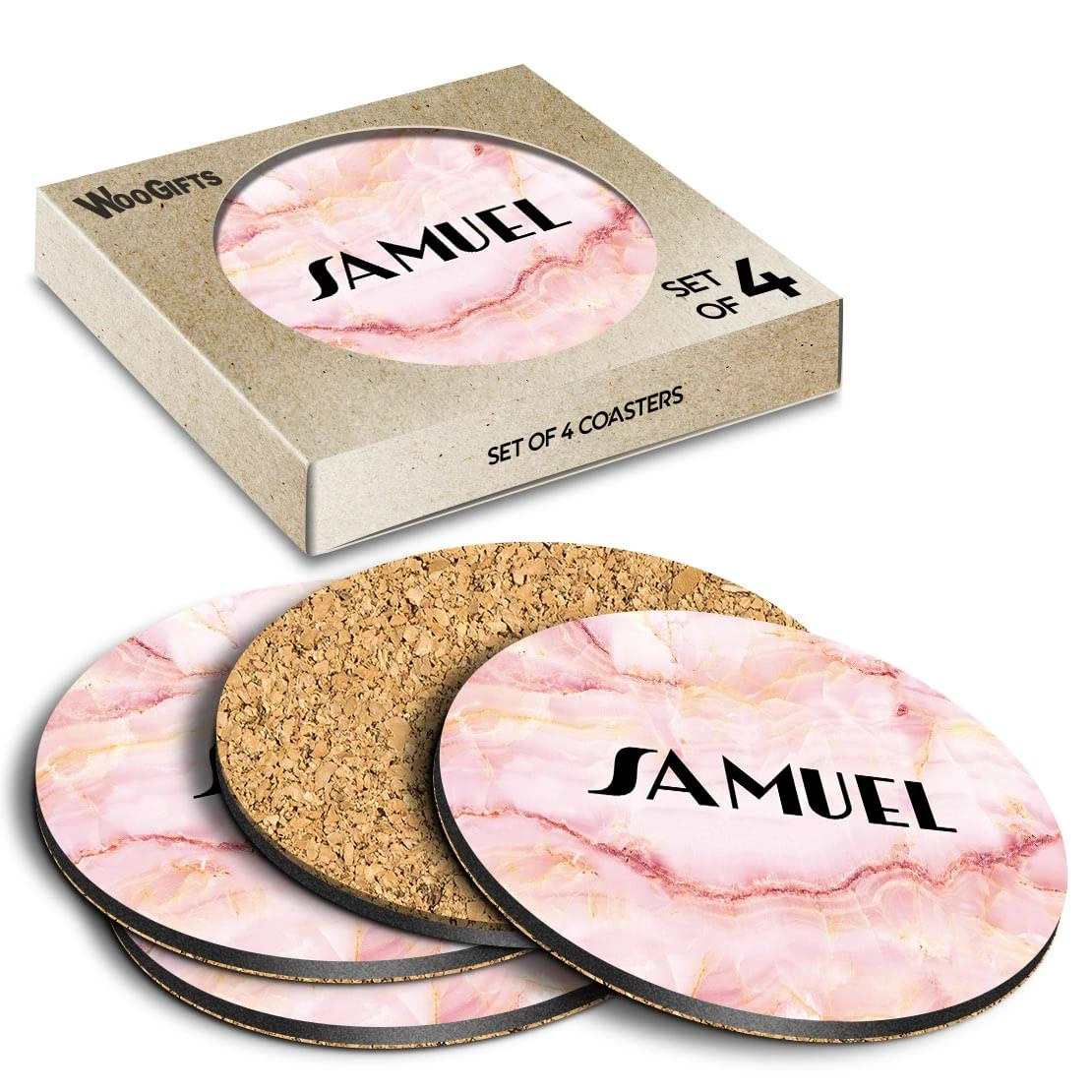 4 x Boxed Round Coasters - Name Samuel Marble Stone Texture Letter Lettering Initial Cork Backed MDF Glossy Tea Coffee Accessory #276389