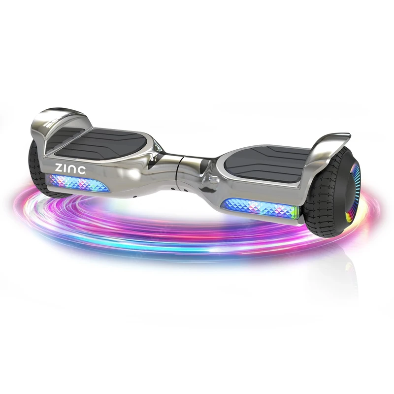 Zinc Megastar Hoverboard for Kids Ages 14+ – LED Light-Up Wheels & Headlights, Bluetooth Speaker, 6.3" Puncture-Proof Tyres, 240W Motor, Up to 6.2mph, Max Weight 100kg – Durable & Easy to Ride, Chrome
