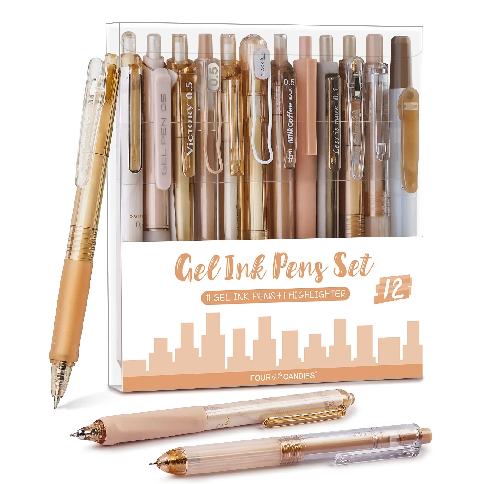 Four Candies Gel Pen Set, Aesthetic Writing Pens with 0.5mm Fine Tip, Black & Brown Ink Pens with Highlighter, Cute Stationery Supplies for School, Office, Pack of 12 - Moor Series