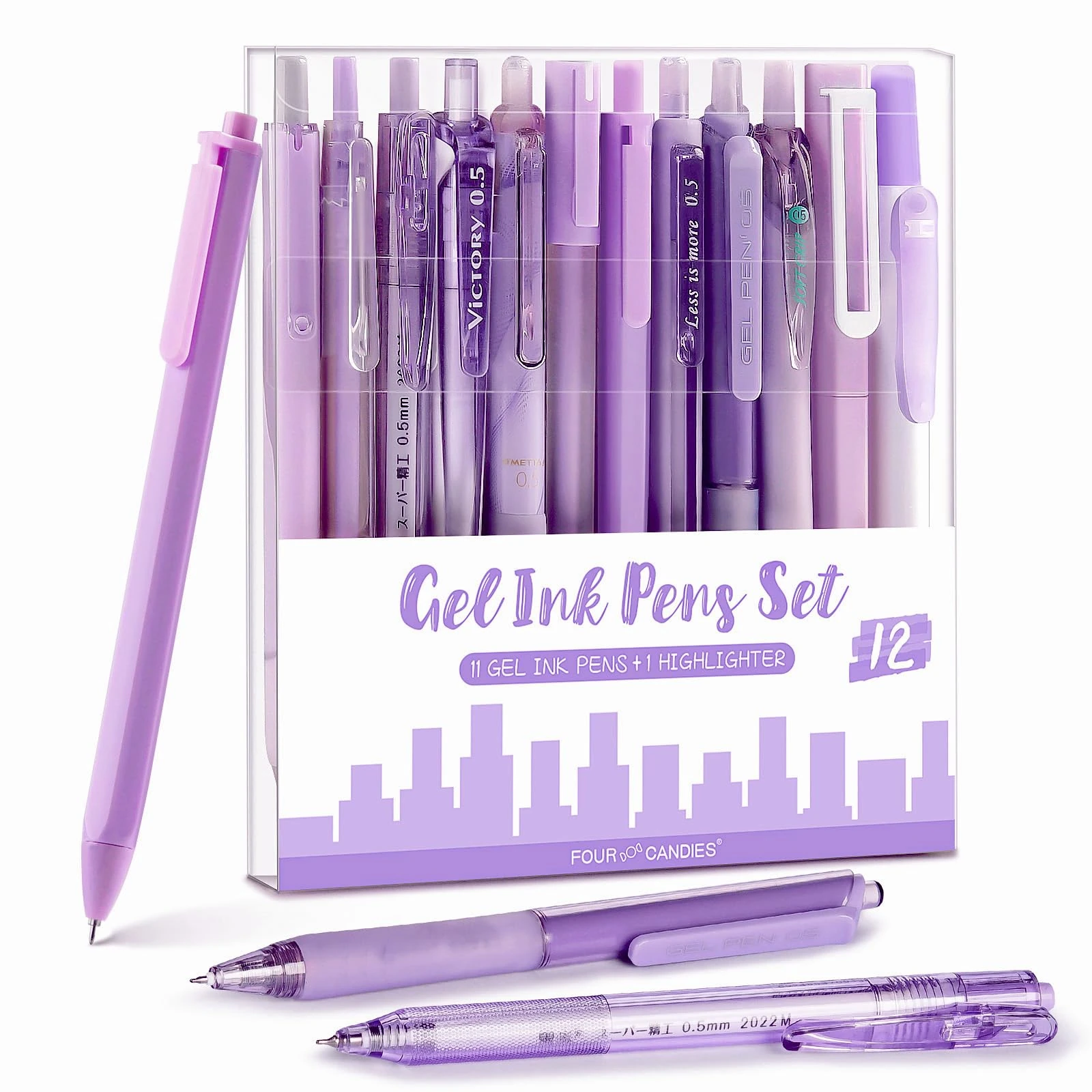 Four Candies Gel Pen Set, Cute Writing Pens with 0.5mm Fine Tip, Black & Purple Ink Pens with Highlighter, Aesthetic Stationery Supplies for School, Office, Pack of 12 - Lavender Series