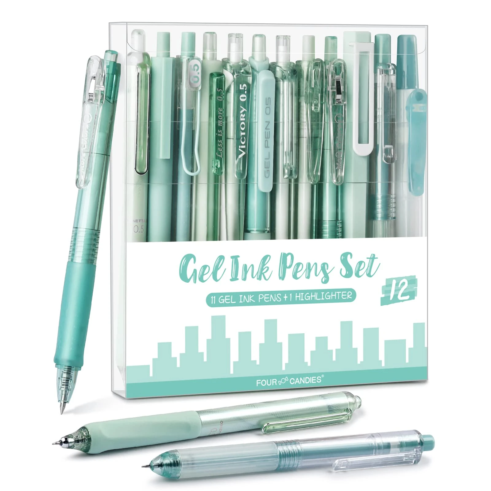 Four Candies Gel Pen Set, Cute Writing Pens with 0.5mm Fine Tip, Black & Green Ink Pens with Highlighter, Aesthetic Stationery Supplies for School, Office, Pack of 12 - Forest Series