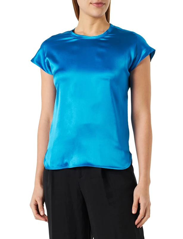 Pinko Women's Farida Blusa Satin Stretch Short Sleeve T-Shirt, F71_BLU DIRETTORIO, 48