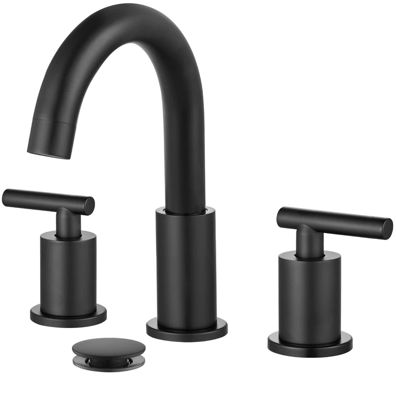 gotonovo Matte Black 3 Hole 2 Handles Deck Mount Lavatory Basin Bathroom Sink Faucet with Pop Up Drain with Hot and Cold Mixer Valves 8 Inch Widespread Bathroom Faucet