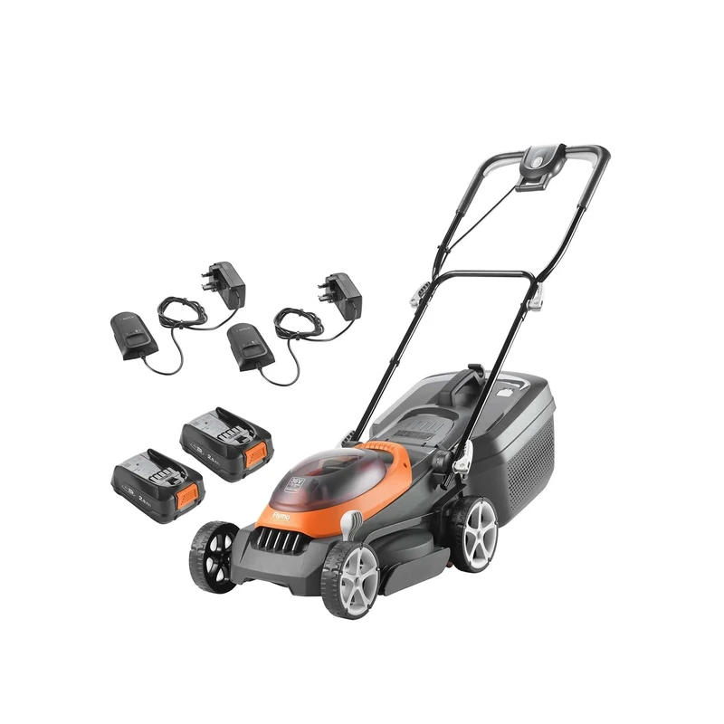 Flymo 36V UltraStore 340R Cordless Lawnmower Kit - x2 18V Power For All Battery and Charger included, 34cm Cutting Width, Striped Lawn Finish, Close Edge Cutting, 35L Grass Box
