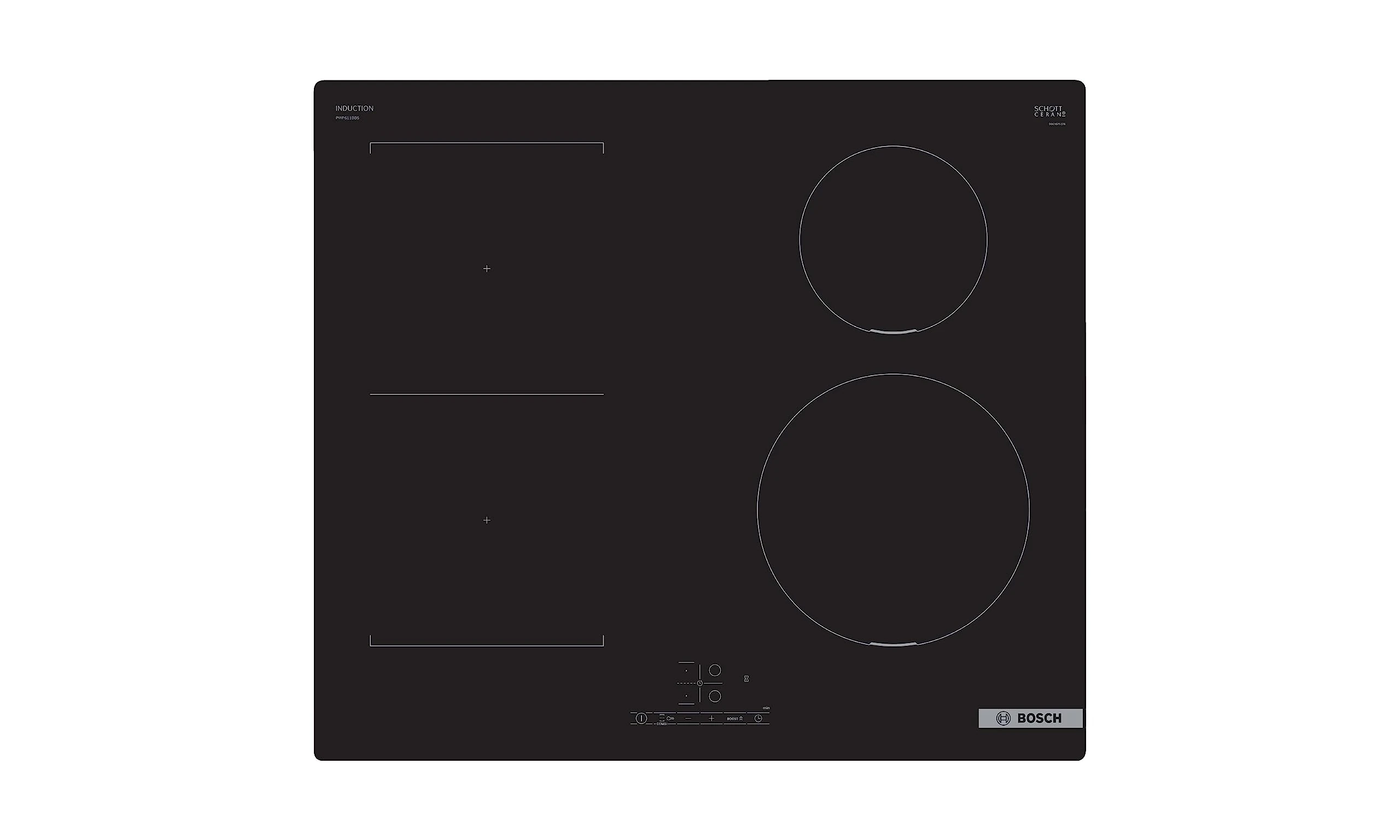 Bosch Series 4 PWP611BB5B Induction Hob with TouchSelect, CombiZone, PowerBoost and Timer Switch Off, Integrated, Black, 60cm wide