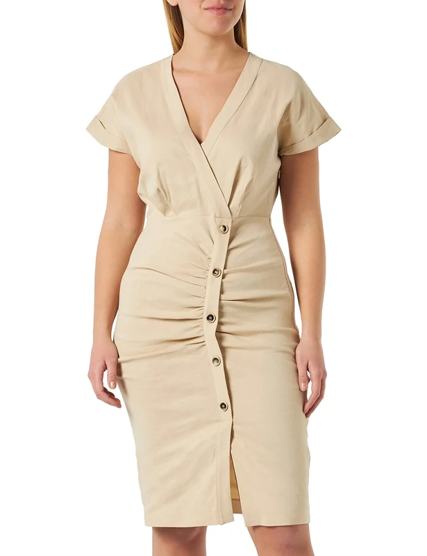 Pinko Women's Flaky Stretch Linen Dress, C28_Beige Almond Glass, 12