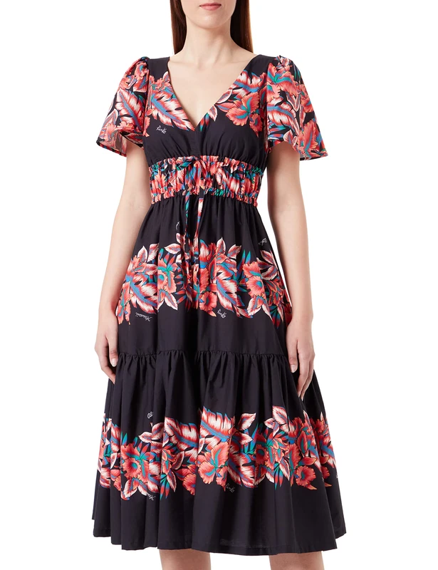 Pinko Women's Adopted Poplin Print Dress Casual, Zr3_Mult.Black/Red, UK XL