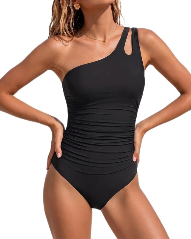 Holipick One Shoulder One Piece Swimsuit for Women Tummy Control Bathing Suits Modest Full Coverage Keyhole Swimwear, Black, Small