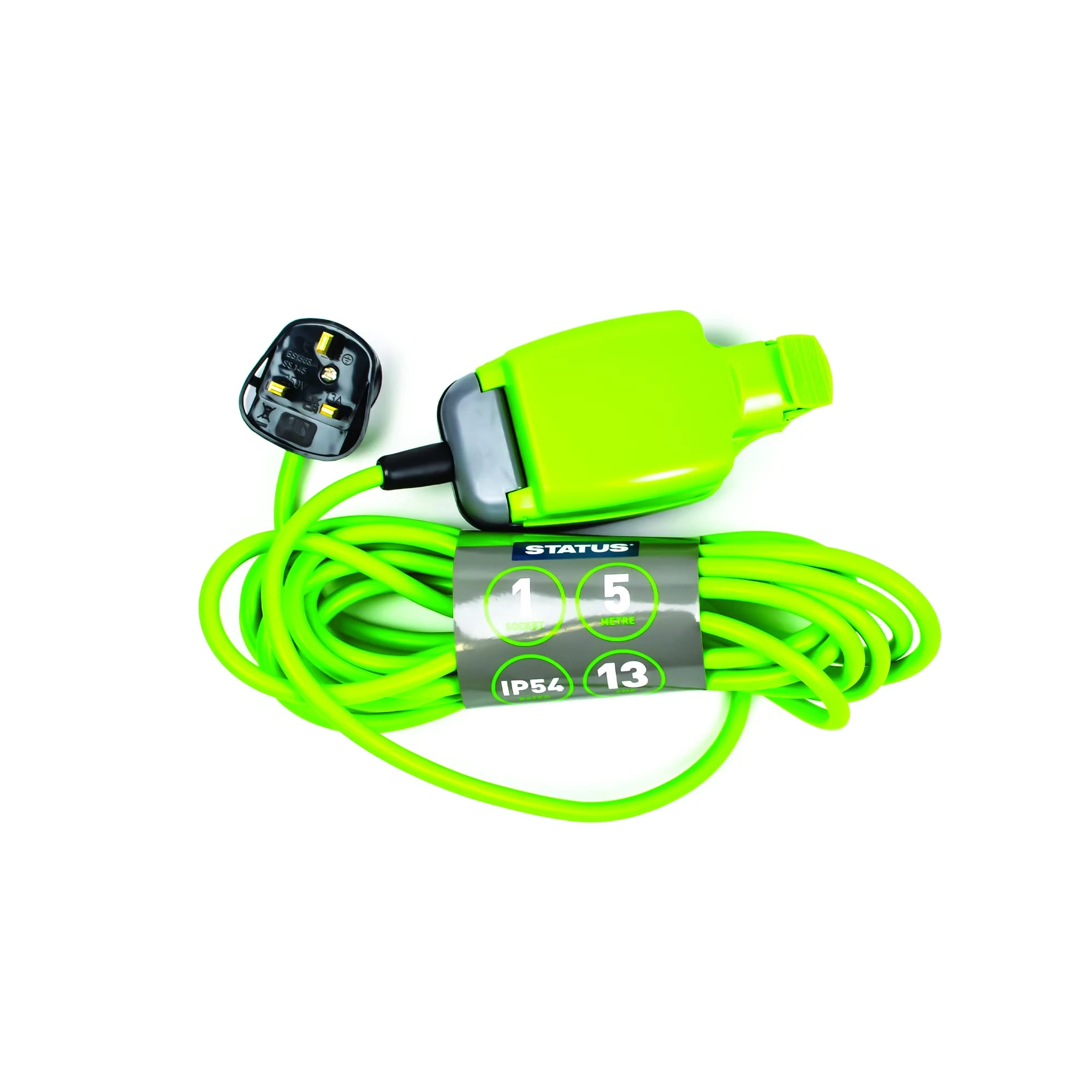 STATUS 1 Socket Extension Lead, 5m Green Extension Cable, 13 amp Weatherproof Socket, 1W5M13AIP54S6