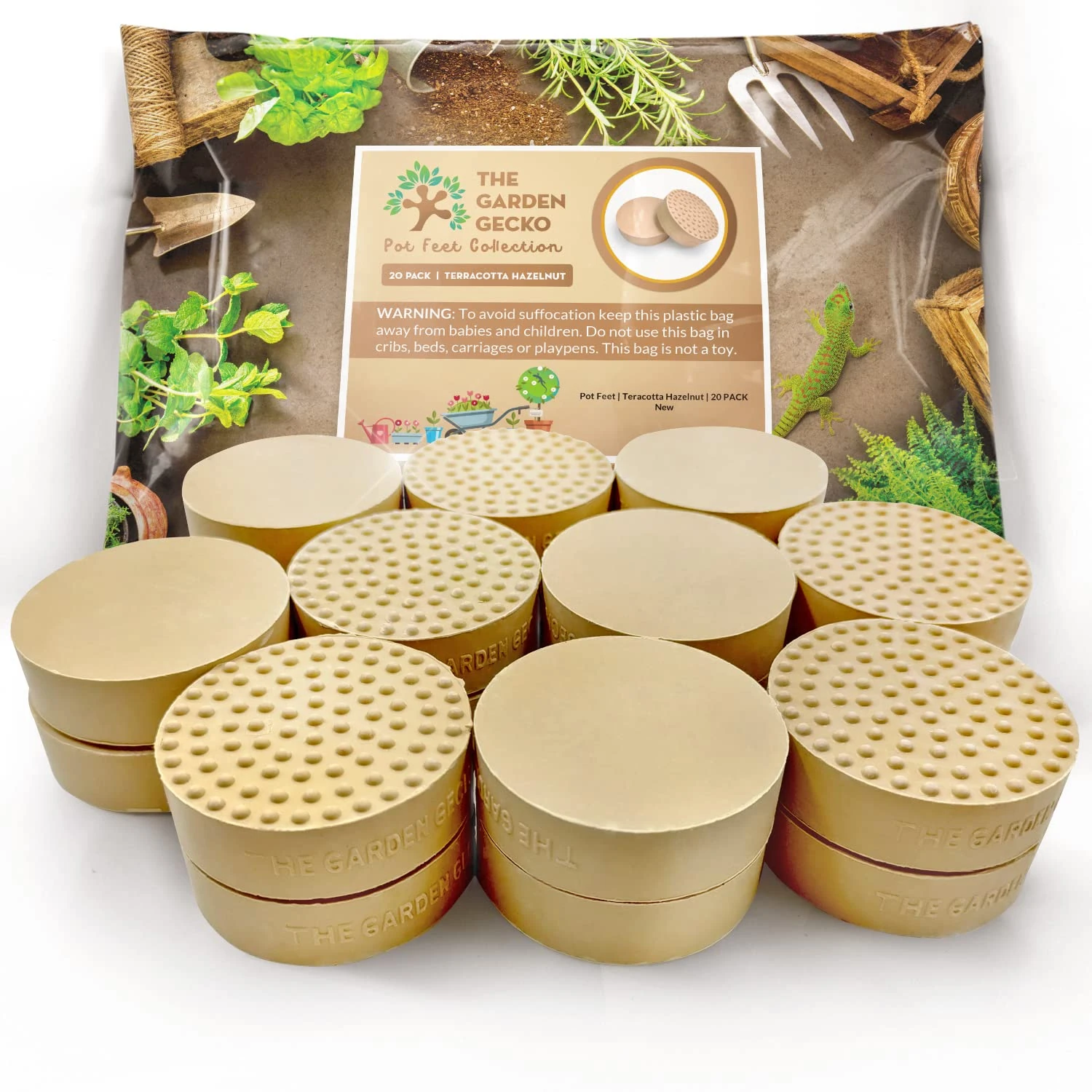 The Garden Gecko UK Invisible Pot feet for outdoor plant pots and flowers solid rubber pot risers with enhanced non-slip surface grip | 20 PACK | HAZELNUT TERRACOTTA