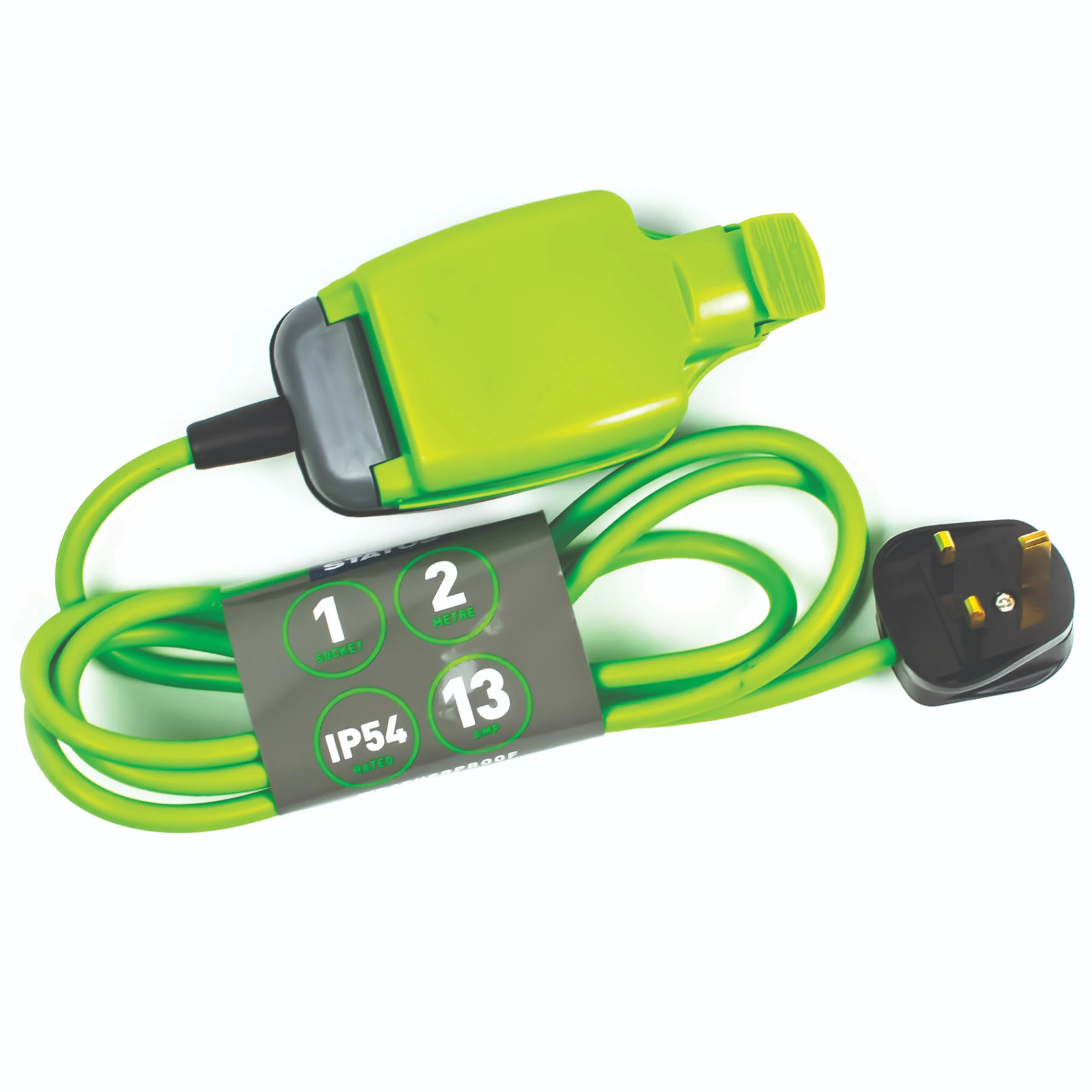 STATUS 1 Socket Extension Lead, 2m, Green, Outdoor Extension Cable, Waterproof, IP54 Rated, 13 Amp Plug, Heavy Duty Socket, Ideal for Garden Power Tools, DIY Use (1W2M13AIP54S6)