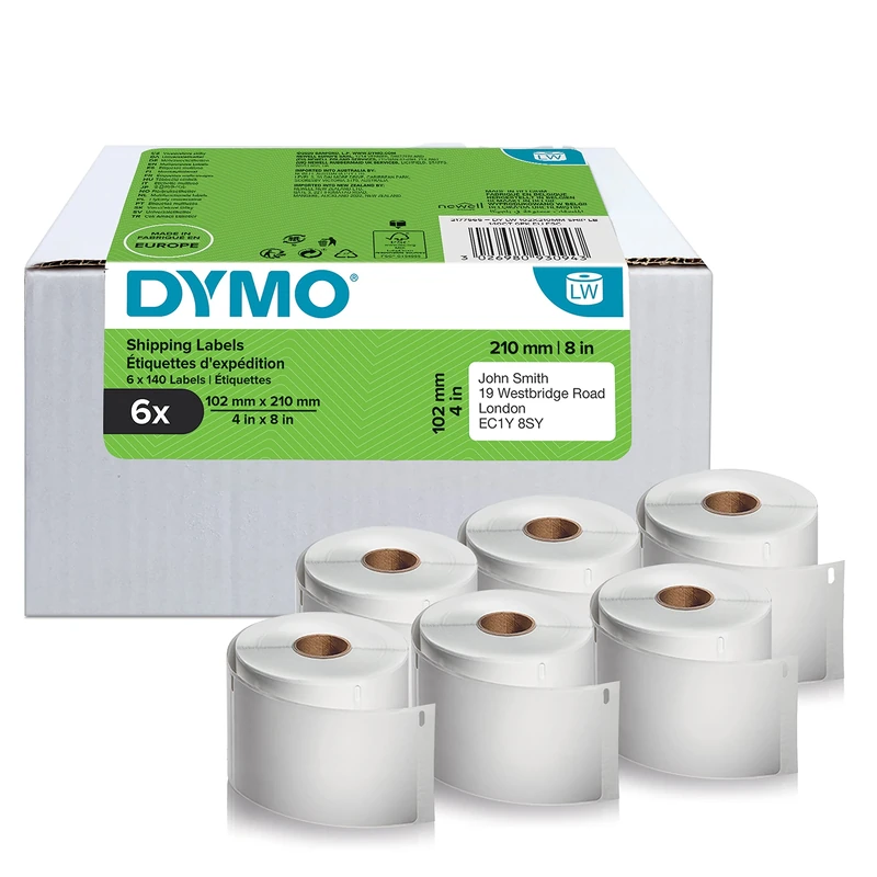DYMO Authentic LabelWriter Shipping Labels | 102 mm x 210 mm | Self Adhesive | 6 Rolls of 140 Easy-Peel Labels (840 Count) | for LabelWriter 5XL/4XL Label Makers | Made in Europe