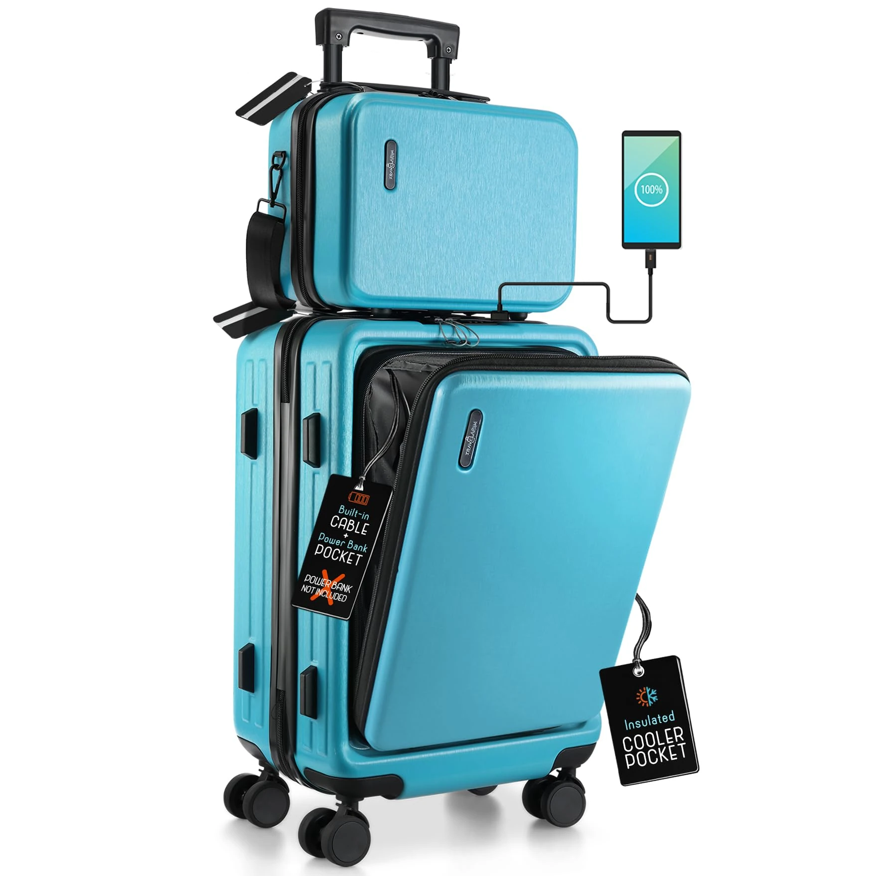 TRAVELARIM Carry On Luggage 22x14x9 Airline Approved, Teal Durable Hard Shell Carry-on Luggage with Spinner Wheels, Lightweight Carry On Suitcase Set with Small Cosmetic Case – 22 Inch Small Suitcase