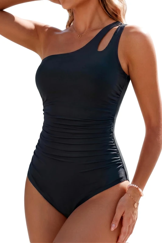 Holipick One Shoulder One Piece Swimsuit for Women Tummy Control Bathing Suits Modest Full Coverage Keyhole Swimwear, Black, X-Large - Image 1