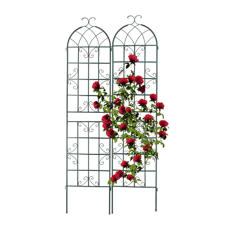Relaxdays Garden Trellis, Set of 2, 220 x 50 cm, Metal, Support for Climbing Plants, Free-Standing, Rose Frame, Green