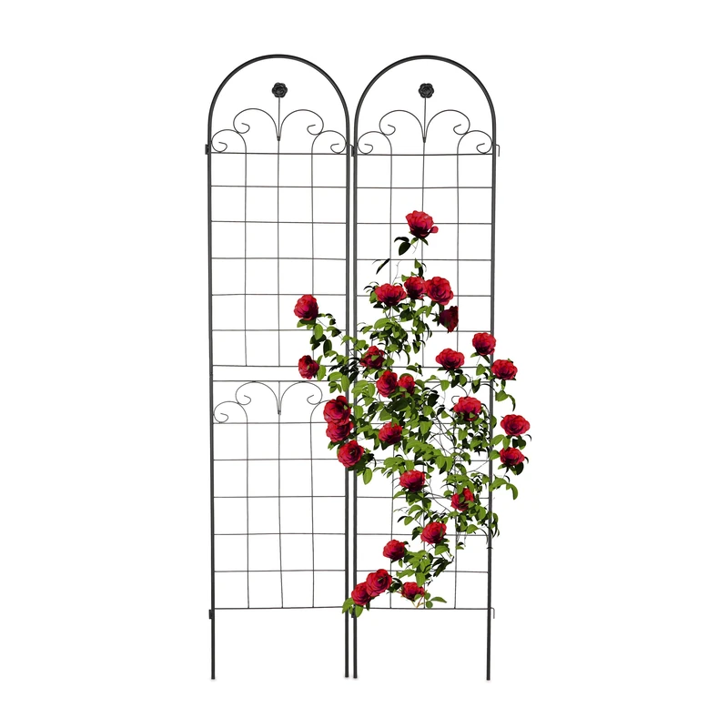 Relaxdays Garden Trellis, Set of 2, HxW 220 x 50 cm, Metal, Support for Climbing Plants, Ground Stake, Rose Frame, Black, Iron
