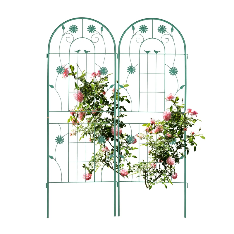 Relaxdays Garden Trellis, Set of 2, HxW 150 x 50 cm, Metal, Support for Climbing Plants, Ground Stake, Rose Frame, Green