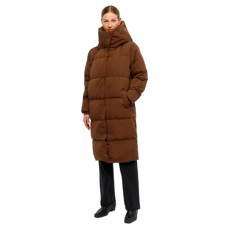 Object Objlouise Women's Long Down Jacket Noos Jacket, Dark Earth, M