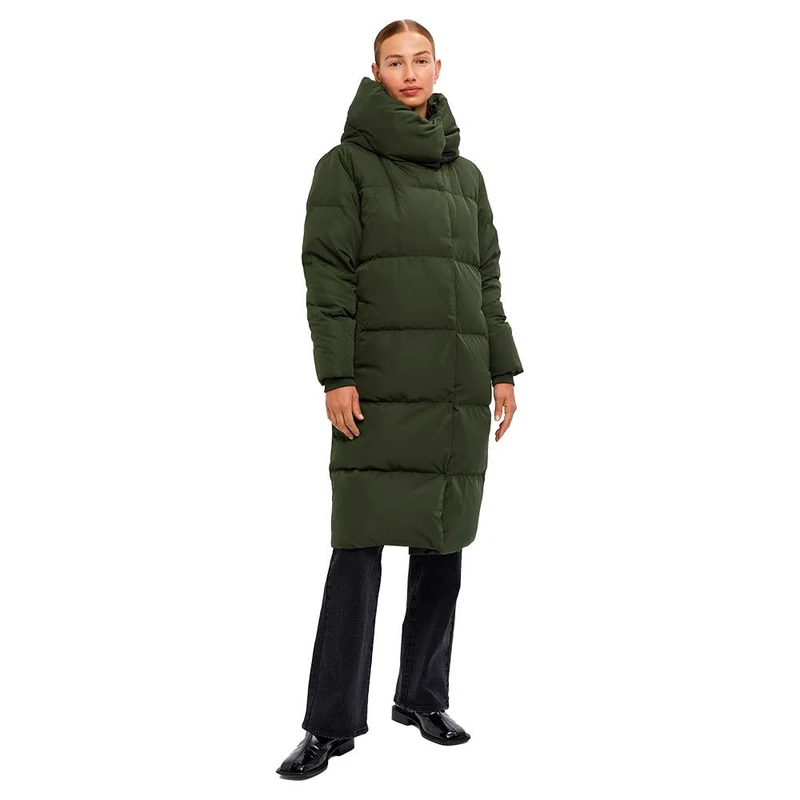 Object Female Coat, Long Down Quilted, Green (Duffel Bag), S