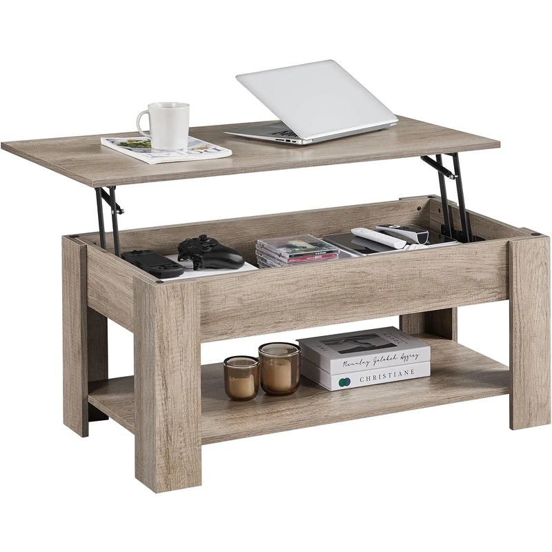 Yaheetech Lift Up Coffee Table, Wooden Lifting Coffee Table with Hidden Storage Drawer and Open Shelf, Space-saving Tea Tables for Living Room/Reception, Gray