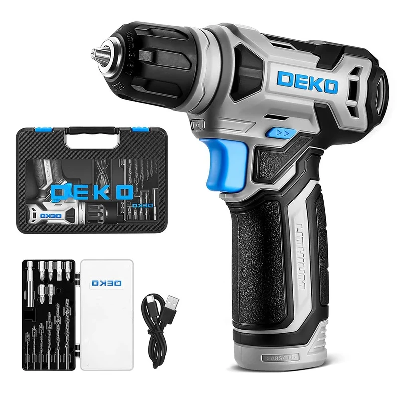 DEKO 8V Cordless Drill Set with case, Power Drill with 3/8" Keyless Chuck, 13pcs Acessories, Built-in LED, Type-C Charge Cable, Electric Drill Set for Men and Women