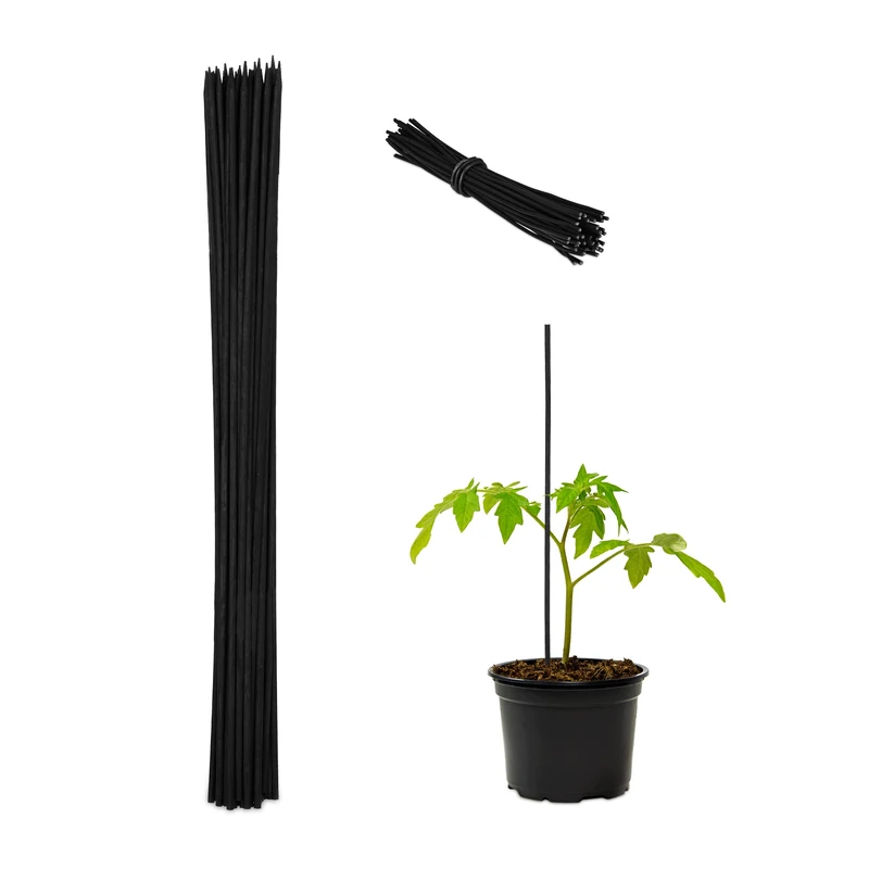 Relaxdays Set of 50 Plant Support Sticks, Bamboo, 60 x 0.6 cm, Climbing Aid for Young Plants, with Binding Wires, Black