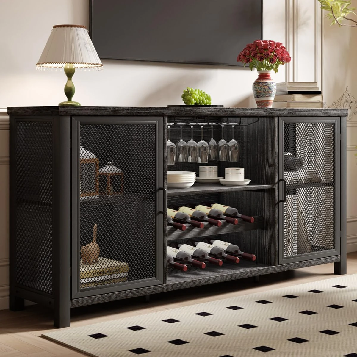 Launica Liquor Bar Cabinet, Industrial Wine Bar Cabinet, Rustic Sideboard Buffet Cabinet for Liquor, Glasses & Coffee Bar with Storage Rack for Home Kitchen Dining Room, Dark Grey Oak, 140cm