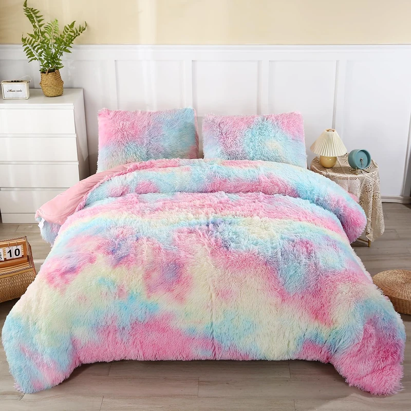 WINLIFE Shaggy Bedding Comforter Set Faux Fur Flannel Furry Comforter Microfiber Long Hair Fluffy Plush Comforter Sets Gradient Ombre Tie Dye Multicolor Bedding for Girls Adults (2Pcs, Twin, Rainbow)