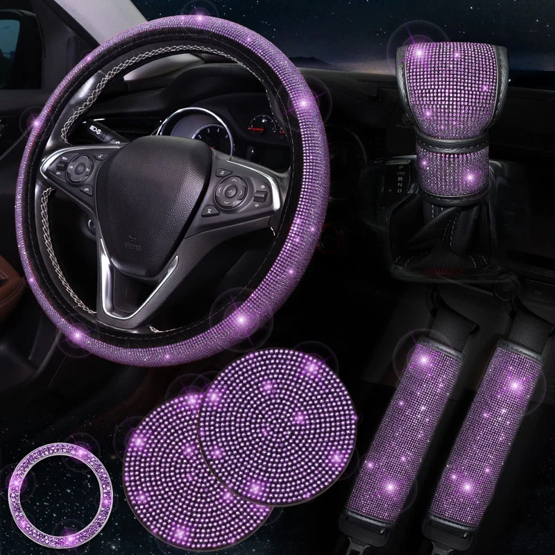 ToBeQueen Purple Steering Wheel Cover Set for Women Girl,7 Pack Crystal Diamond Rhinestone Purple Car Accessories, Seat Belt Cover, Gear Shift Cover, Car Bling Ring, Cup Holder Coasters, Purple