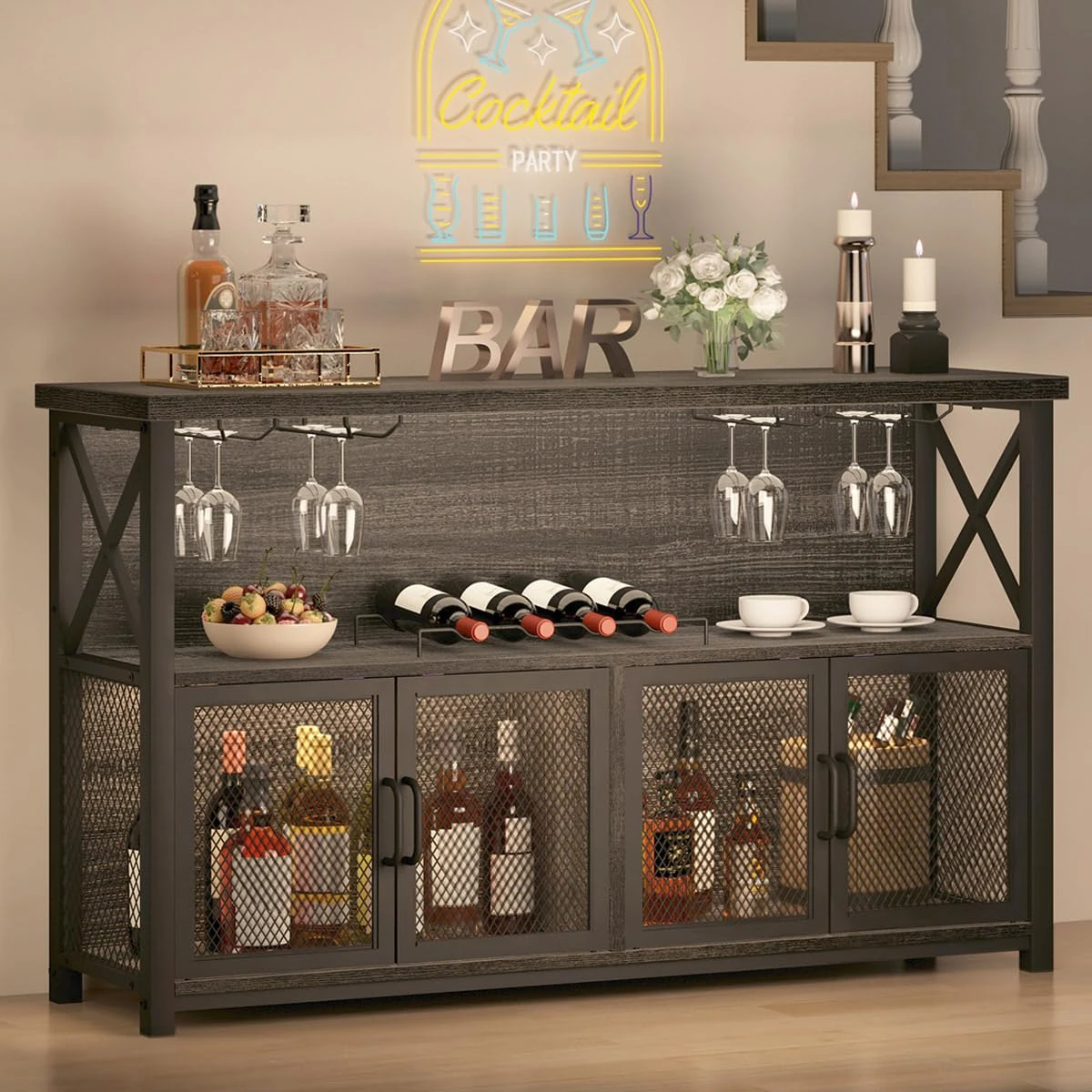 LVB Wine Bar Cabinet, Industrial Coffee Bar Cabinet for liquor and glasses, Modern Sideboard Buffet with Storage Rack, Rustic Liquor Home Bar for Kitchen Dining Living Room, Dark Gray Oak, 120cm
