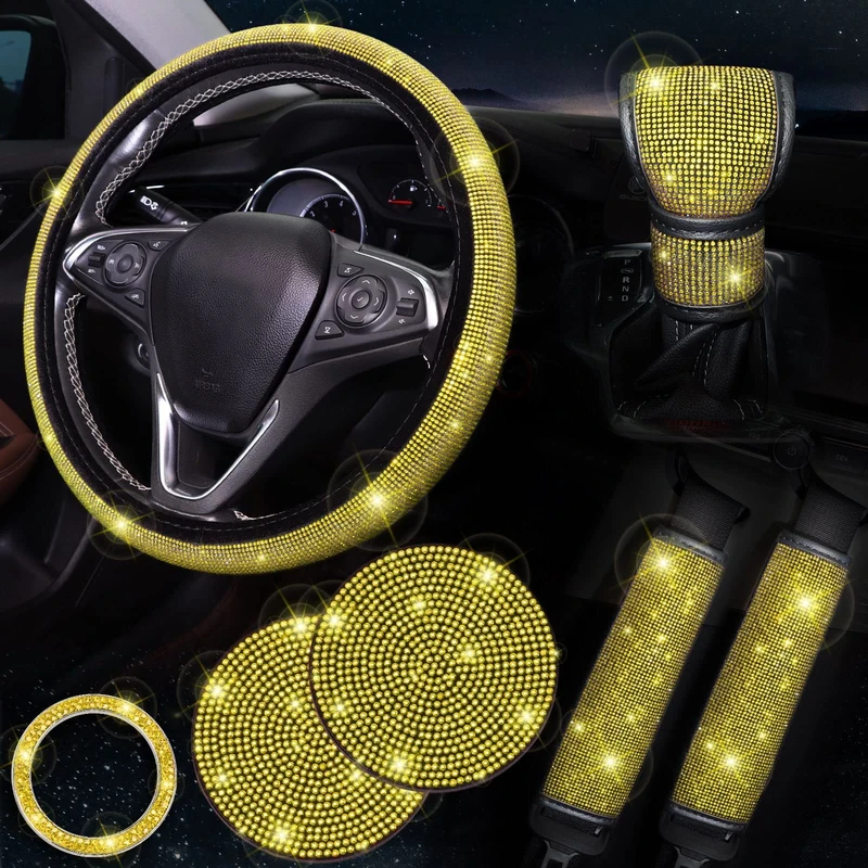 ToBeQueen Yellow Steering Wheel Cover Set 15 inch,7 Pack Crystal Rhinestone Diamond Yellow Bling Car Accessories Set,Seat Belt Cover,Bling Gear Shift Cover,Puch Start Ring,Car Cup Coaster,Yellow