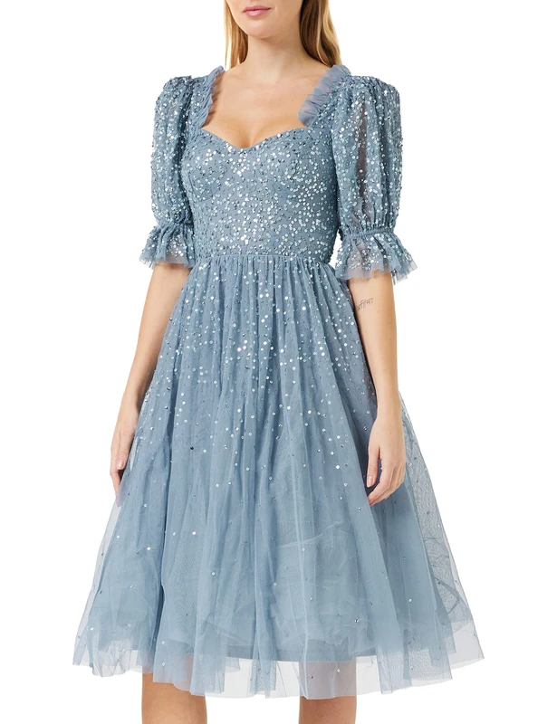Maya Deluxe Women's Dress Women's Midi Sequin Embellished Frilly Sweetheart Neckline Puffed Sleeves for Wedding Guest Prom Evening Dress, Blue (Dusty Blue), 20