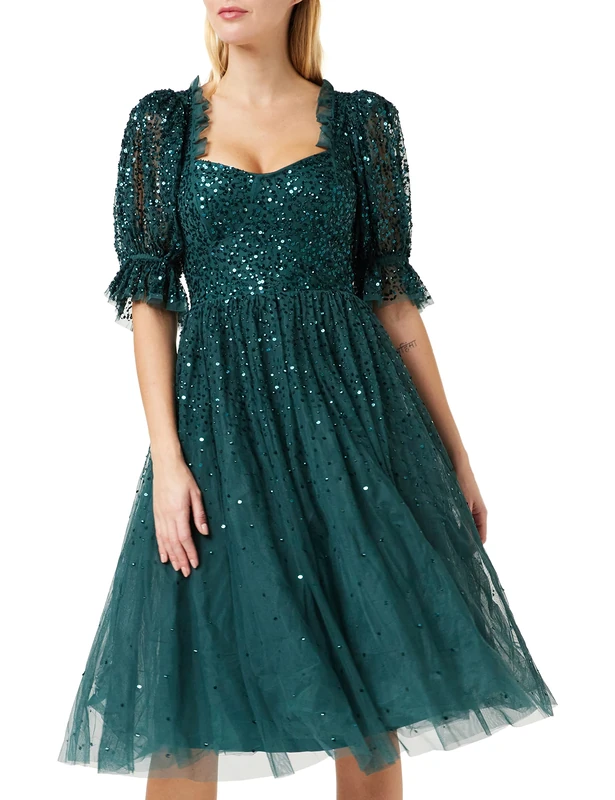 Maya Deluxe Women's Dress Women's Midi Sequin Embellished Frilly Sweetheart Neckline Puffed Sleeves for Wedding Guest Prom Evening Dress, Emerald Green, 10