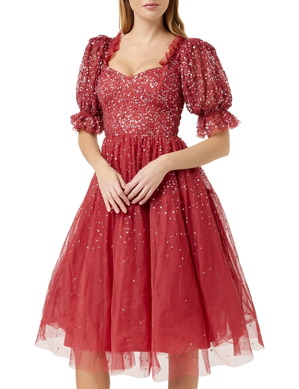 Maya Deluxe Ladies Dress for Women Midi Sequin Embellished Frilly Sweetheart Neckline Puffed Sleeves for Wedding Guest Prom Evening Vermillion Size 24