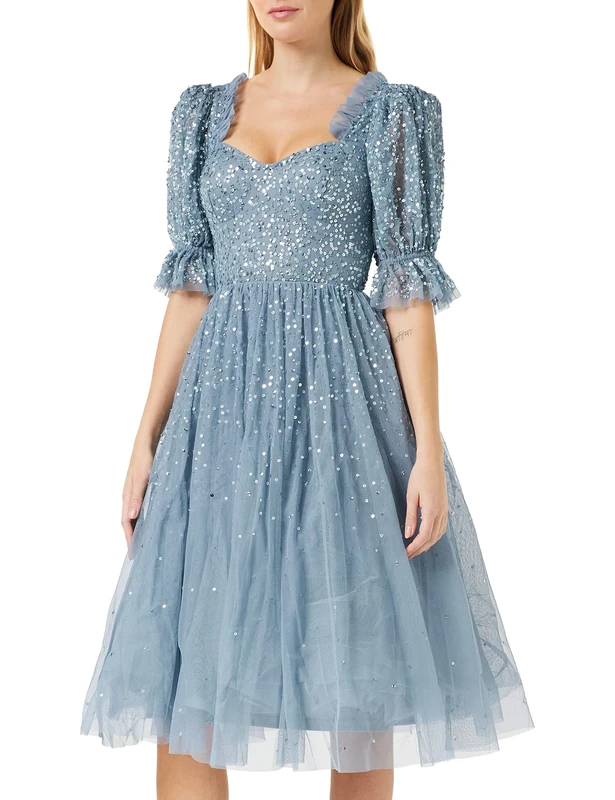 Maya Deluxe Ladies Dress for Women Midi Sequin Embellished Frilly Sweetheart Neckline Puffed Sleeves for Wedding Guest Prom Evening Dusty Blue Size 24