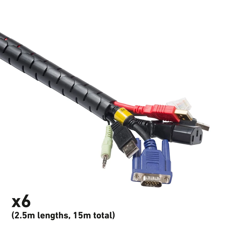 D-Line Cable Tidy Sleeve 6-Pack, Cable Zipper, TV Cable Management, Organize & Protect PC Wires - 6x 2.5m Lengths (15m Total), 25mm Outer Diameter - Black