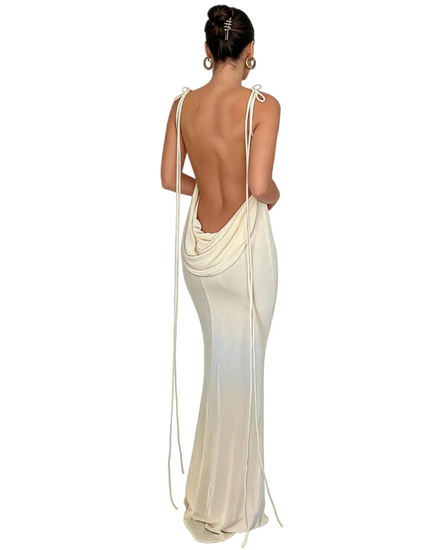 JUMISEE Women Sexy Backless Draped Maxi Dress - Elegant Sleeveless Spaghetti Strap Evening Dress for Long Club Party Beach - Beige, M