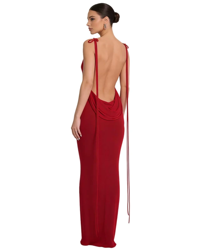 JUMISEE Women Sexy Backless Draped Maxi Dress Elegant Sleeveless Spaghetti Strap Evening Long Club Party Beach Dress, Red, S