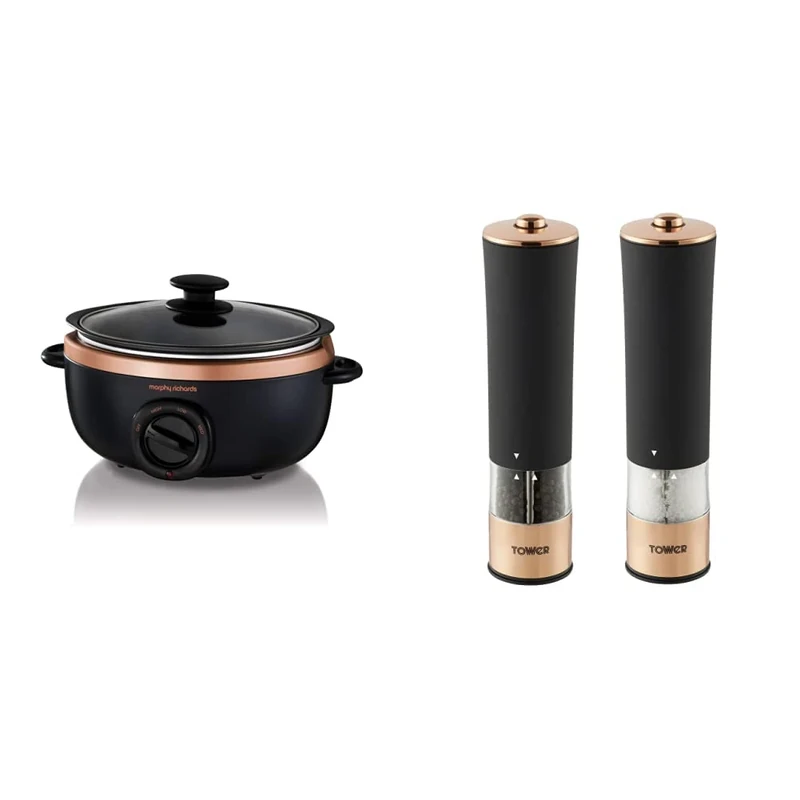 Morphy Richards Sear and Stew Slow Cooker 460016 Black and Rose Gold & Tower T847003RB Electric Salt and Pepper Mill, Stainless Steel, Soft-Touch Body, Rose Gold and Black - Image 1