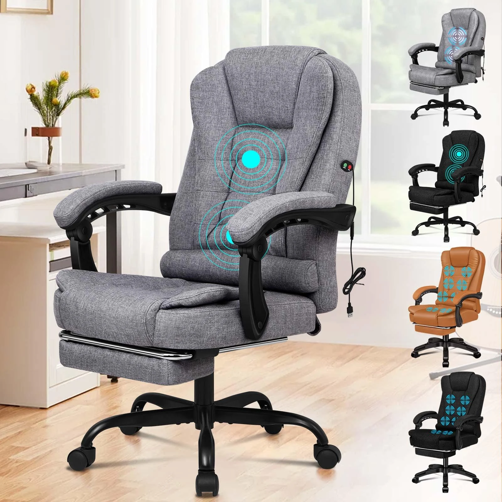 ELFORDSON Massage Office Chair for Home Office, Desk Chair 77 cm High Back 150° Recliner Tilt Function Padded Swivel Fabric, Grey