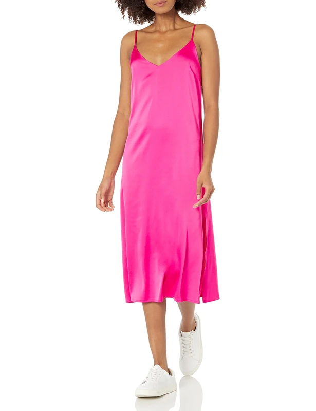 The Drop Women’s Ana Silky V-Neck Midi Slip Dress, Hot Pink, S